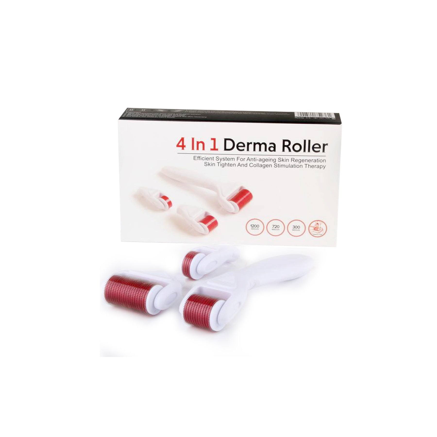 Image of the 4 in 1 Derma Roller set, showcasing different needle sizes and a small stand for sterilization and storage.