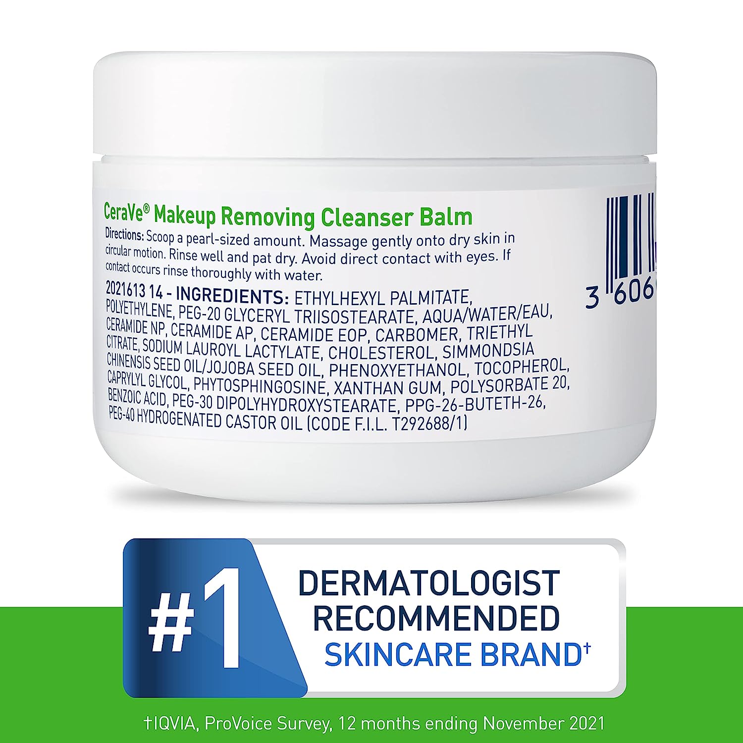 Image of CeraVe Makeup Removing Cleansing Balm jar surrounded by fresh green leaves, suitable for sensitive skin.