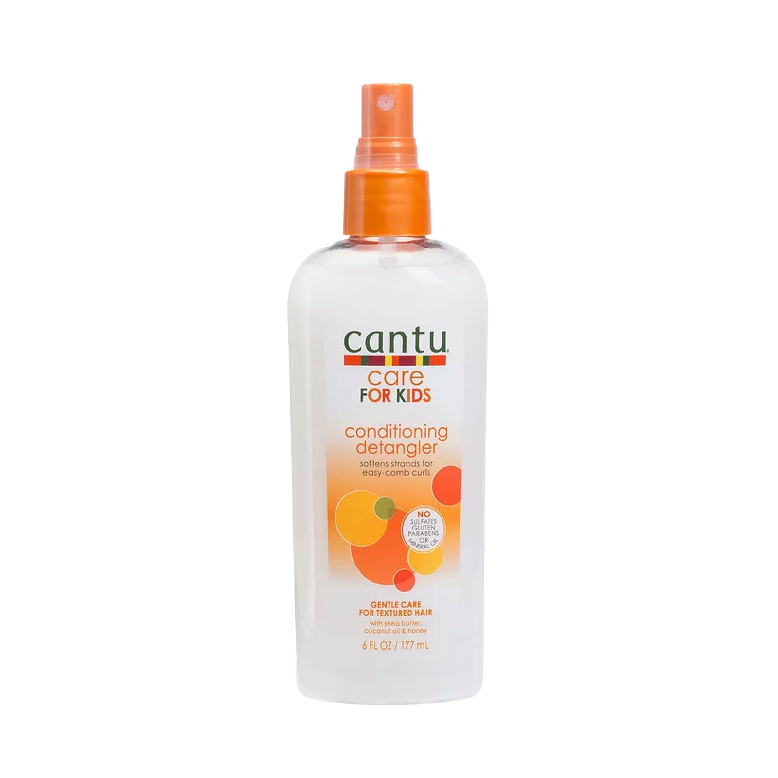  Bottle of Cantu Care for Kids Conditioning Detangler - 177 ml, surrounded by shea butter, coconut oil, and honey.