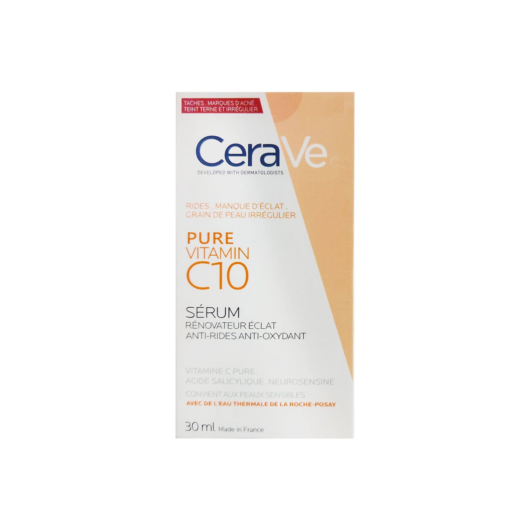 CeraVe Pure Vitamin C10 Serum - 30ml bottle with a white label, surrounded by citrus fruits representing its vitamin C-rich formula.