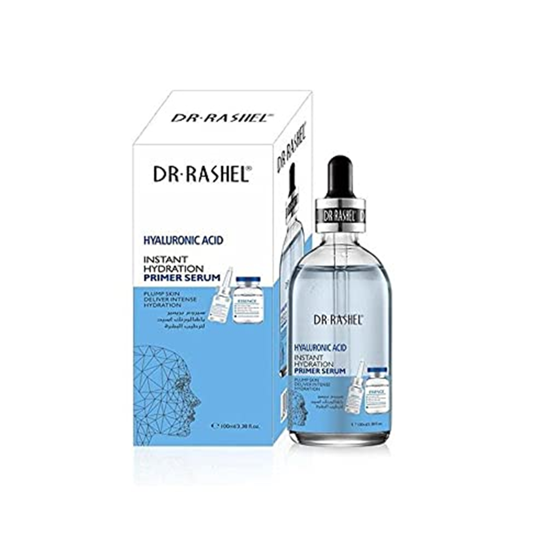  Bottle of Dr. Rashel Hyaluronic Acid Primer Serum - 100ml, with a dropper, against a white background.