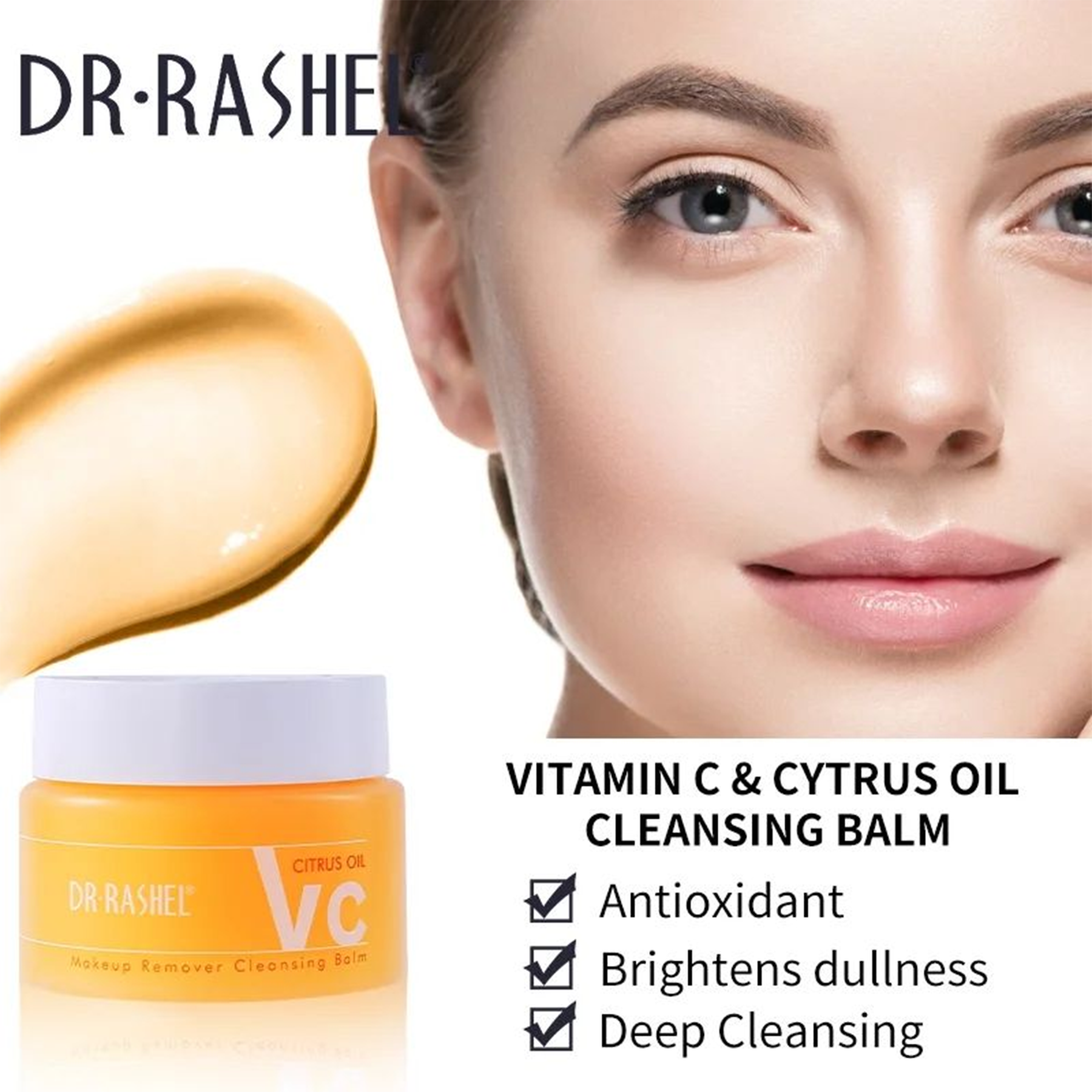 Image of Dr. Rashel Makeup Remover Cleansing Balm - 100g jar with hyaluronic acid and olive oil ingredients, suitable for all skin types.