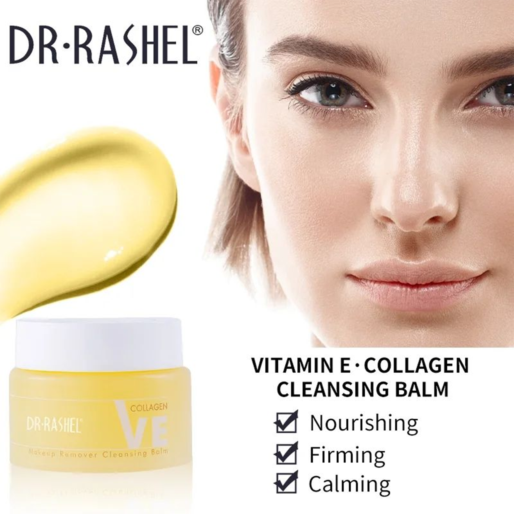 Image of Dr. Rashel Makeup Remover Cleansing Balm - 100g jar with hyaluronic acid and olive oil ingredients, suitable for all skin types.