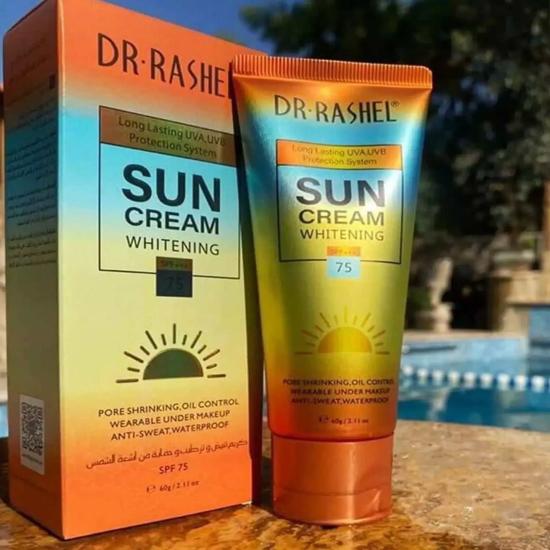 Bottle of Dr. Rashel Sun Cream Whitening SPF+++75 with niacinamide Vitamin B3 and hyaluronic acid, suitable for all skin types.