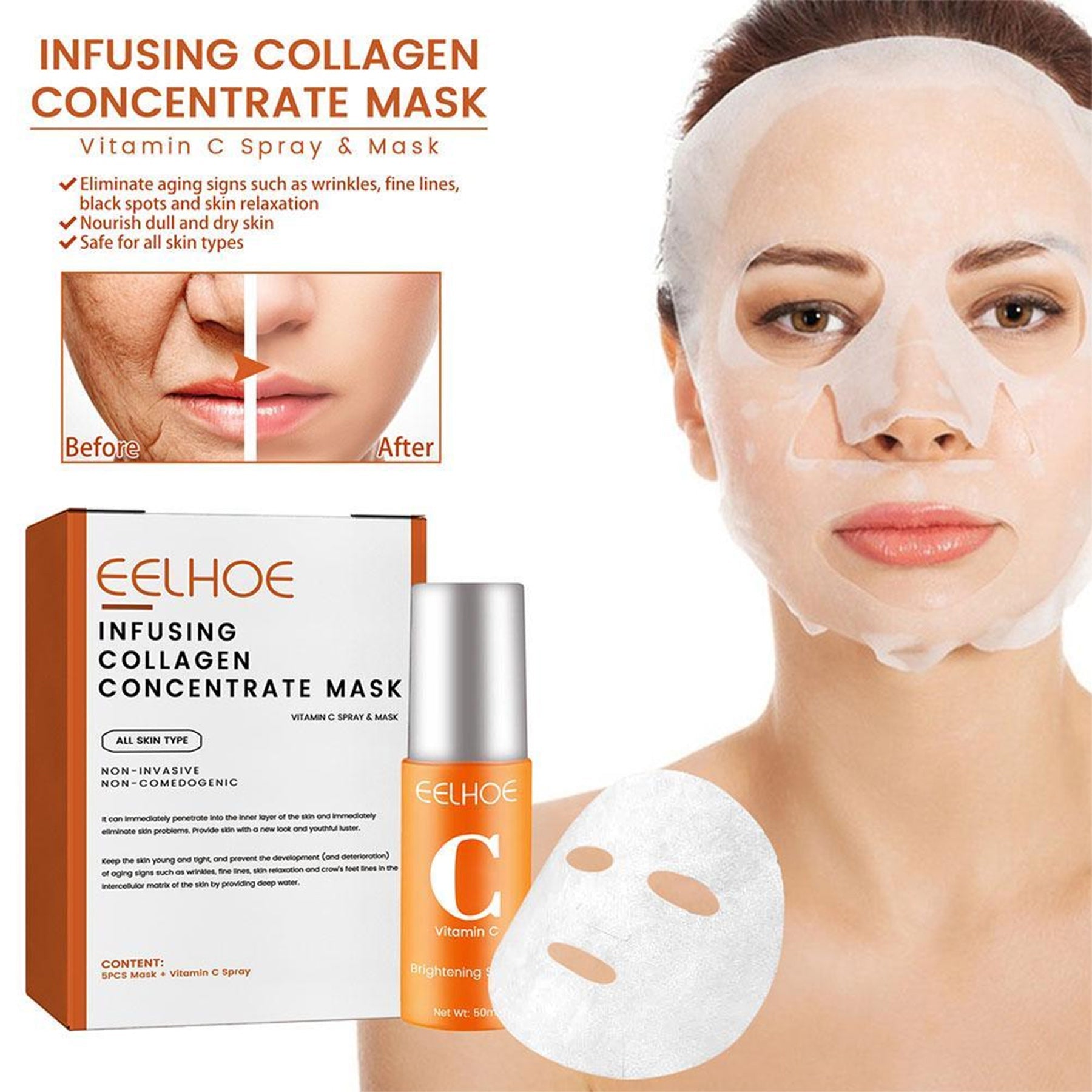 Eelhoe Infusing Collagen Concentrate Mask - 5pc Masks + 50ml Vitamin C Spray. Experience intensive skincare with rapid collagen absorption for radiant.