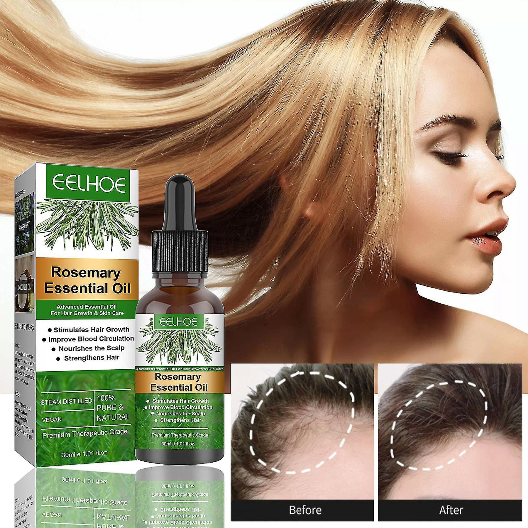 Eelhoe Rosemary Essential Oil - 30ml bottle with dropper, formulated to promote hair growth, hydrate, and soften hair, control sebum, and strengthen strands. Ideal for daily use.