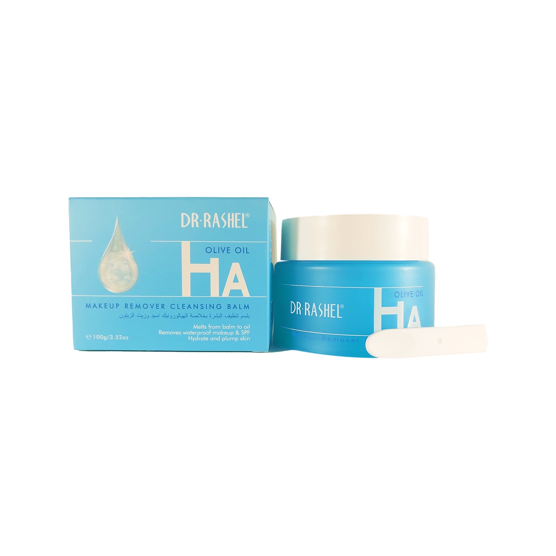 Image of Dr. Rashel Makeup Remover Cleansing Balm - 100g jar with hyaluronic acid and olive oil ingredients, suitable for all skin types.