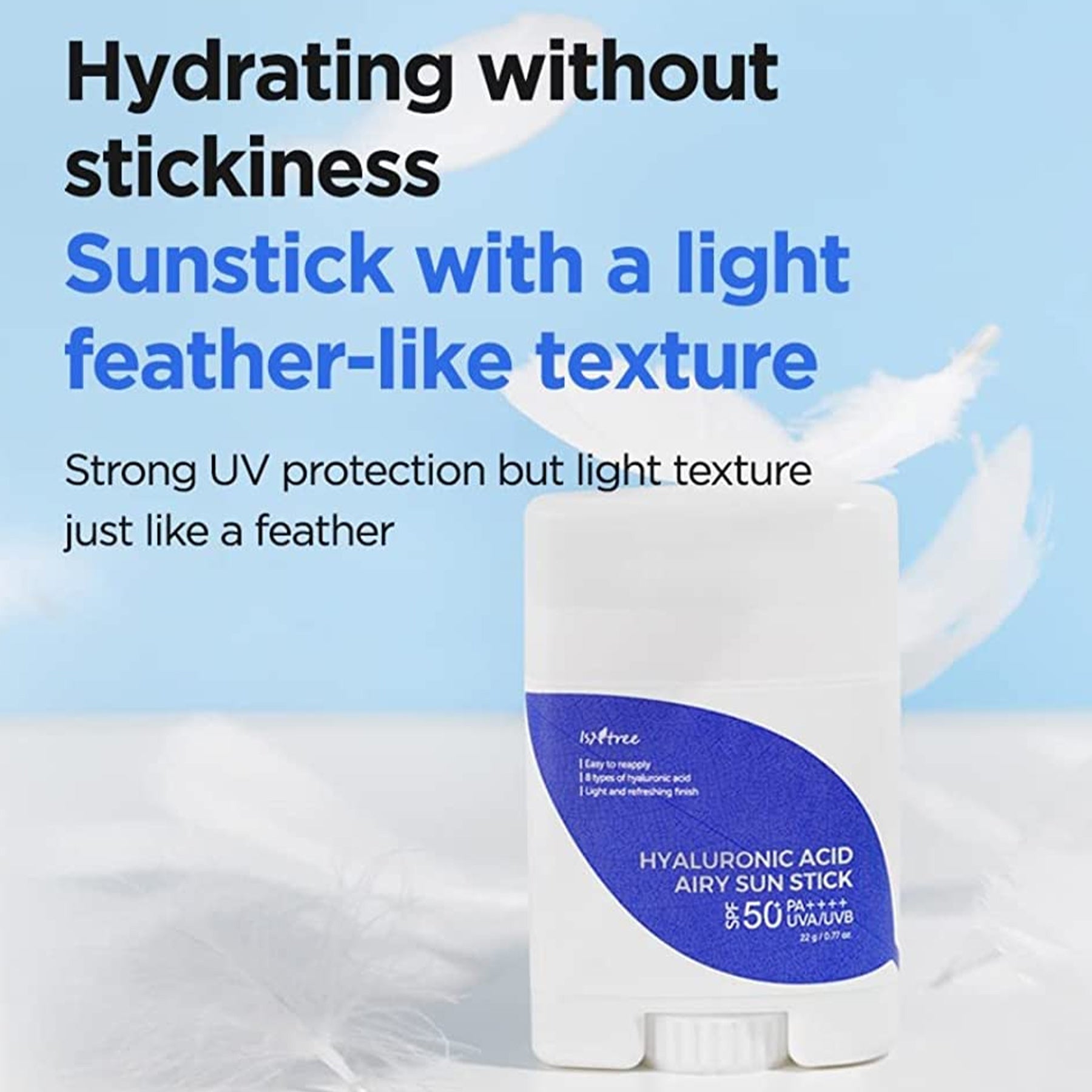 Isntree Hyaluronic Acid Airy Sun Stick - 22g. Lightweight and portable sun stick with broad-spectrum.