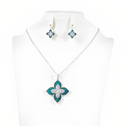 Silver & Blue 4 Shaped Flower Necklace And Earrings Set