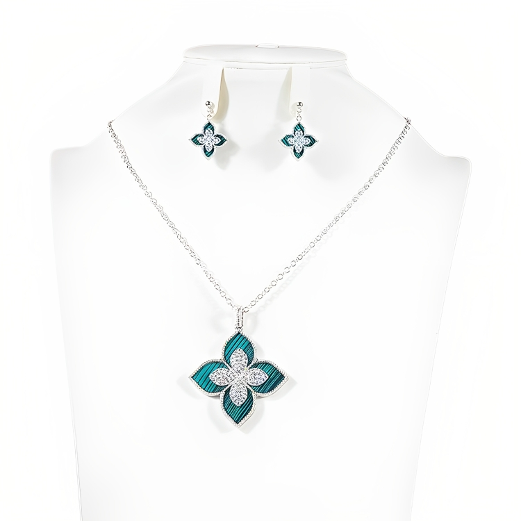 Silver & Blue 4 Shaped Flower Necklace And Earrings Set