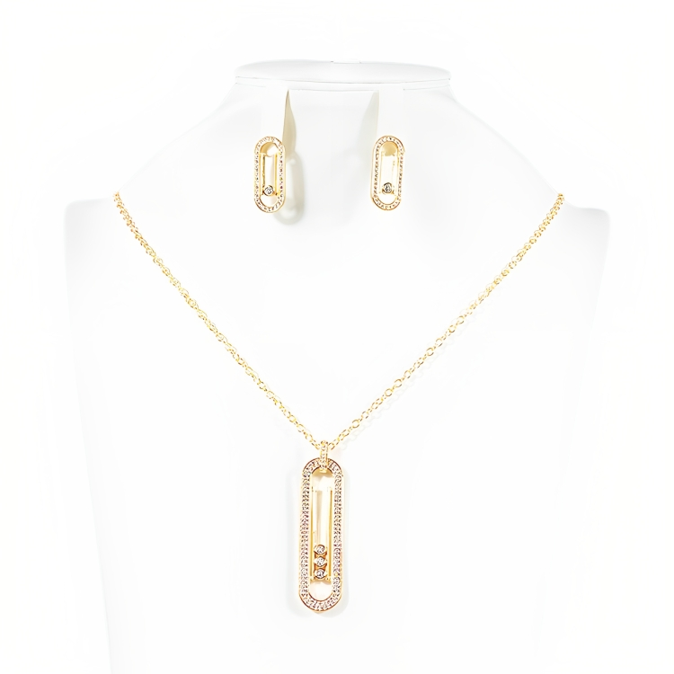 Necklace And Earring Set (Long Oval- Golden) - NES02