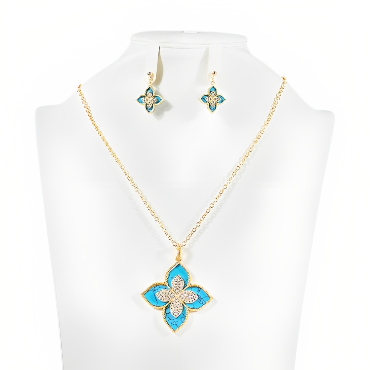 Four Leaf Golden Simple And Elegant Necklace And Earrings Set