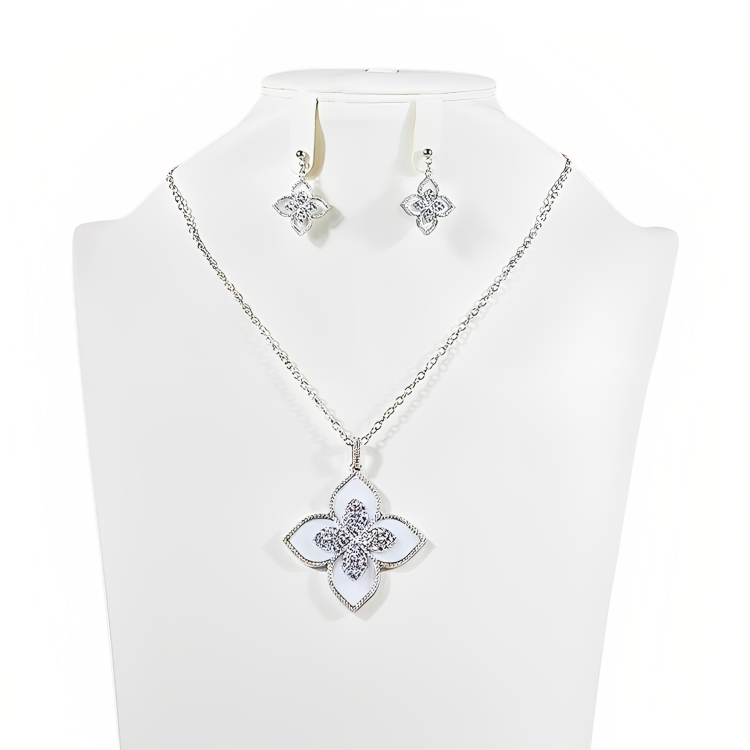 Silver & Blue 4 Shaped Flower Necklace And Earrings Set