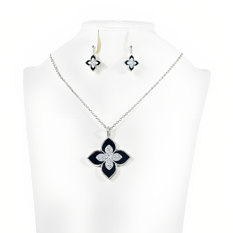 Silver & Blue 4 Shaped Flower Necklace And Earrings Set