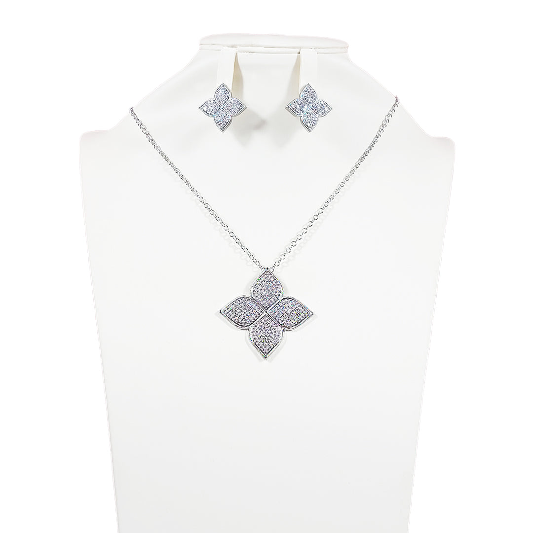 Silvered & Golden Coloured Four-Leaf Flower Necklace and Earring Set