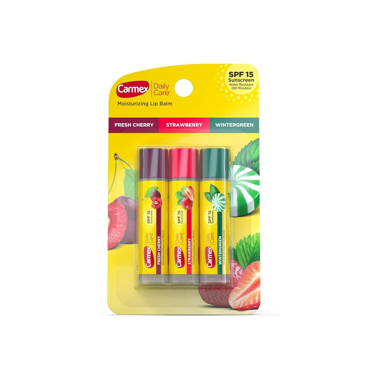 Carmex Daily Care SPF15 Variety Pack - Lip balm trio in Strawberry, Wintergreen, and Cherry flavors, offering long-lasting moisture and SPF15 sun protection.