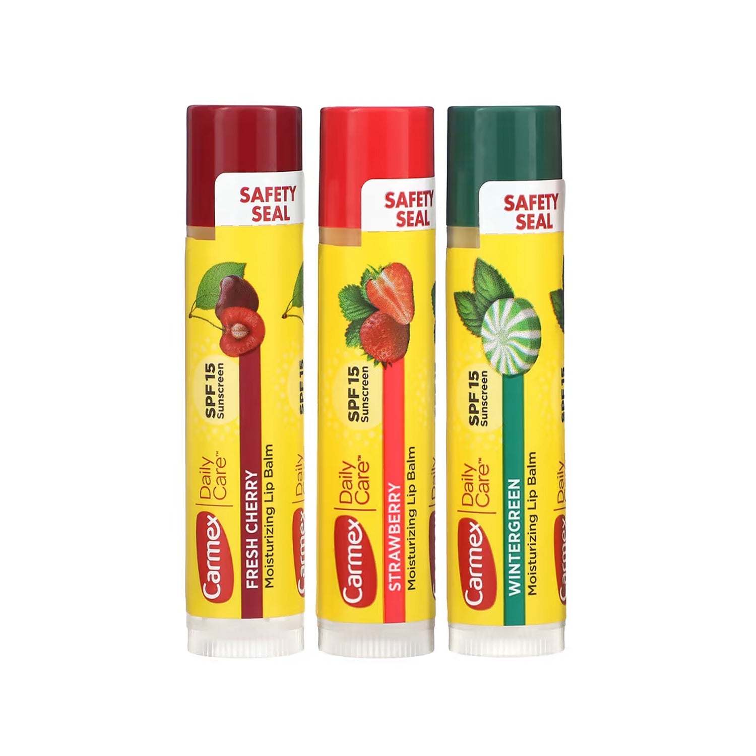 Carmex Daily Care SPF15 Variety Pack - Lip balm trio in Strawberry, Wintergreen, and Cherry flavors, offering long-lasting moisture and SPF15 sun protection.