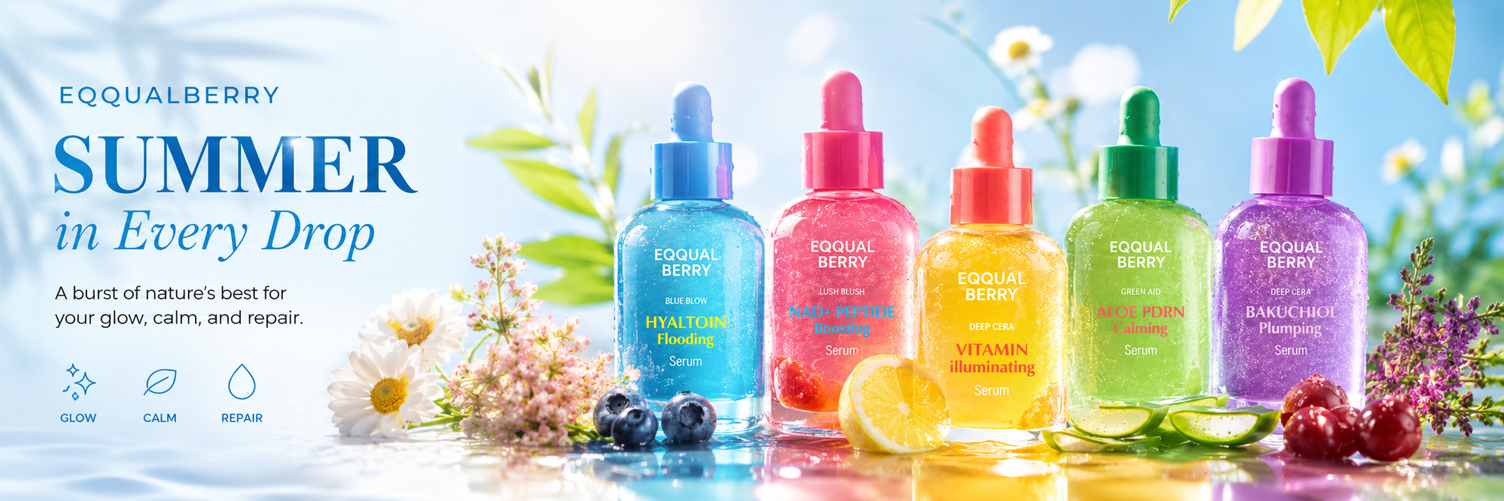 Eqqualberry skincare products with colorful bottles on a bright background