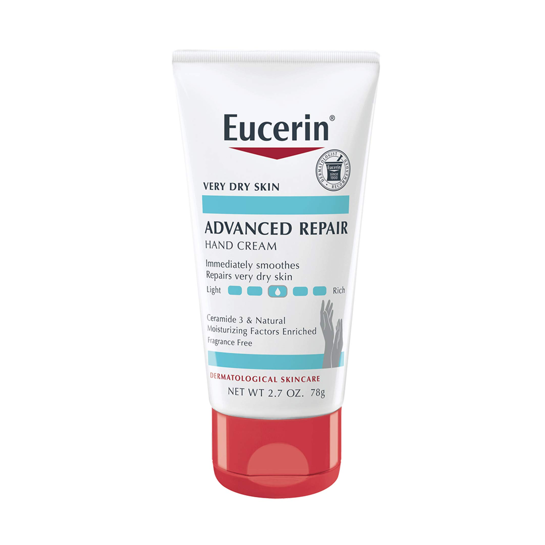 Tube of Eucerin Advanced Repair Hand Cream with Ceramide 3 and Natural Moisturizing Factors, ideal for dry, rough hands.