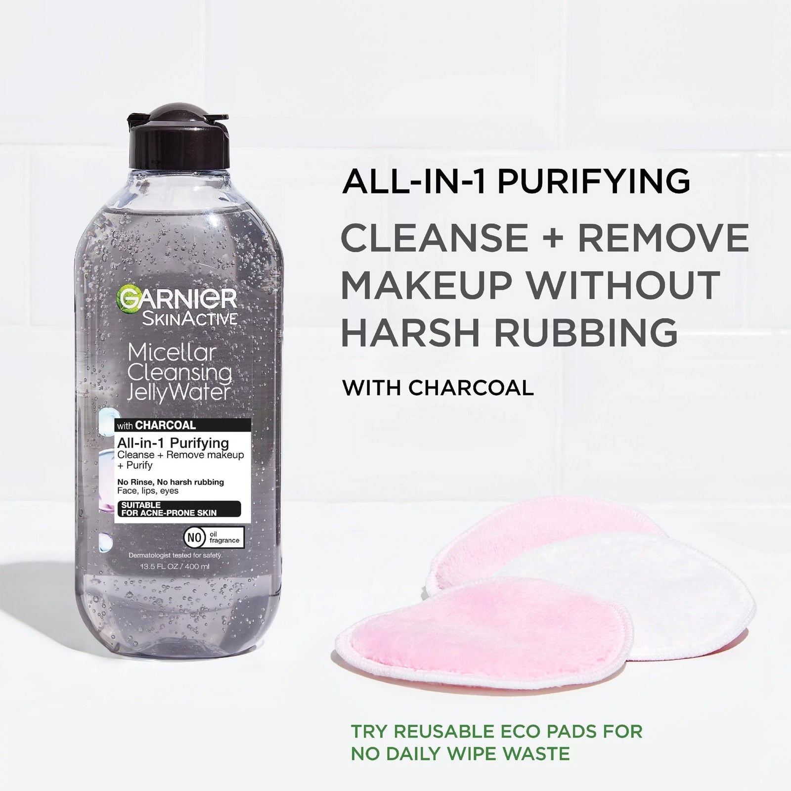Garnier Skinactive Micellar Cleansing  Water with Charcoal - 400 ml + FREE Makeup Remover Pad