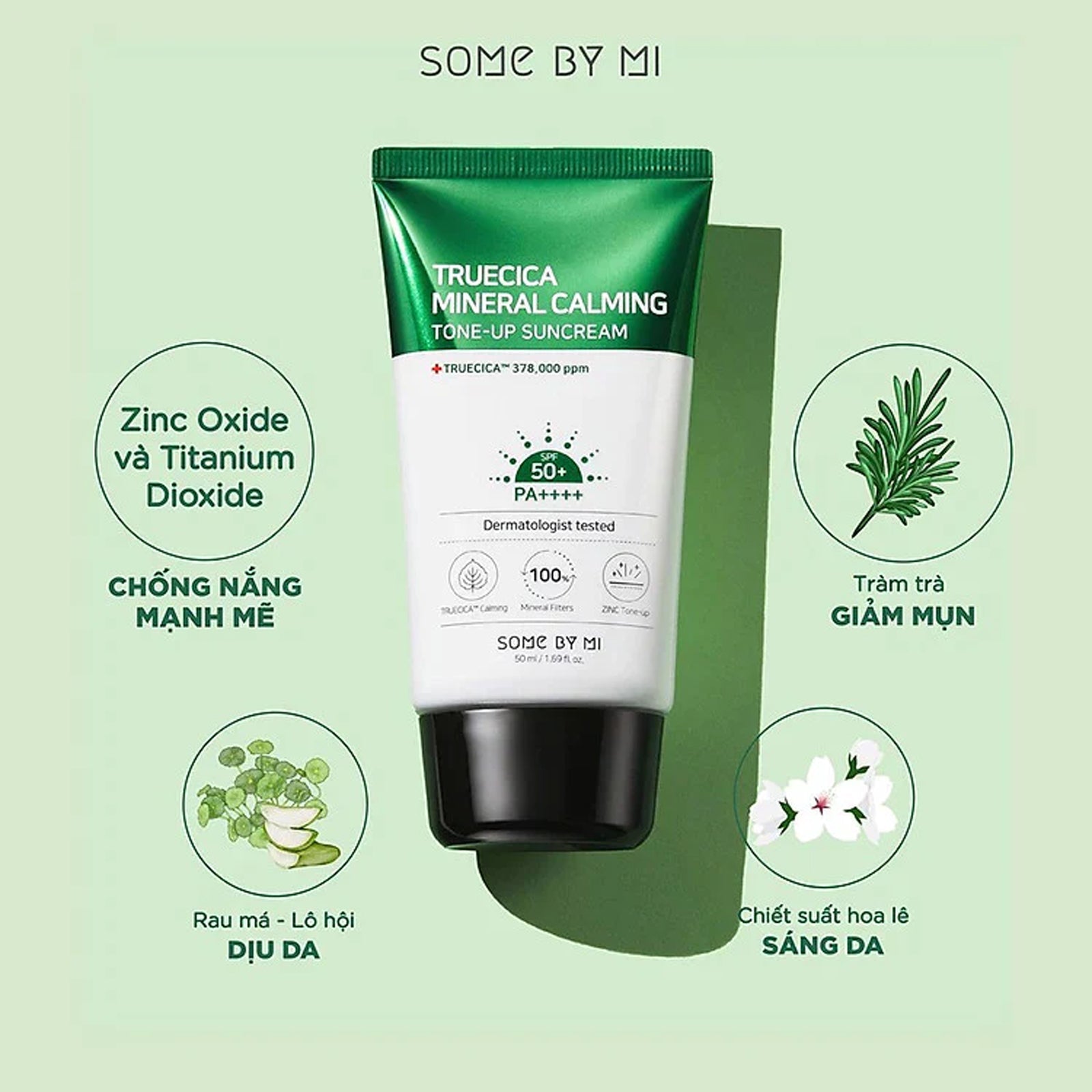 Some By Mi Truecica Mineral Calming SPF50+- Tone-Up Suncream- key benefits